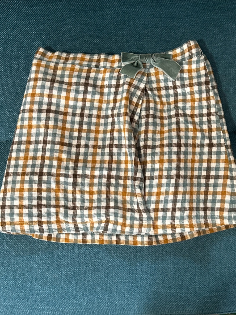 Plaid Mini Skirt with Velvet Bow - Brown, Mustard & Teal